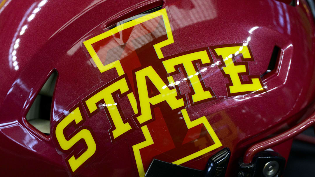 Jul 14, 2022; Arlington, TX, USA; A view of the Iowa State Cyclones helmet logo during the Big 12 Media Day at AT&T Stadium. 