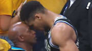 John Haliburton (left) confronted Antetokounmpo (right) after the Pacers' win over the Bucks. 