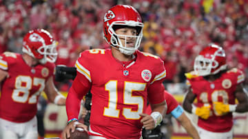 Sep 5, 2024; Kansas City, Missouri, USA; Kansas City Chiefs quarterback Patrick Mahomes (15) returns to the sidelines after a play against the Baltimore Ravens during the second half at GEHA Field at Arrowhead Stadium. Mandatory Credit: Denny Medley-Imagn Images