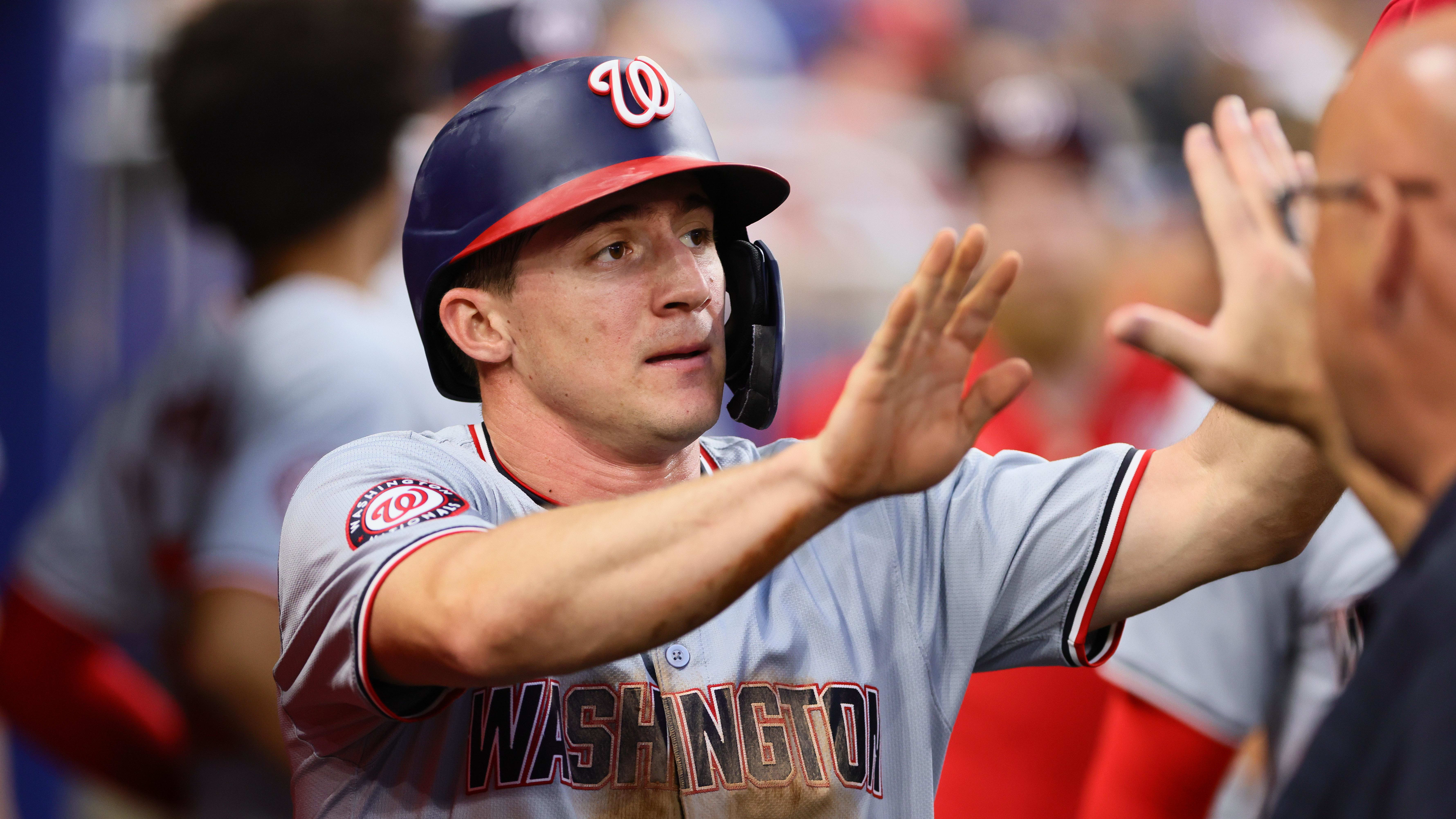 Apr 29, 2024; Miami, Florida, USA; Washington Nationals center fielder Jacob Young (30) celebrates.