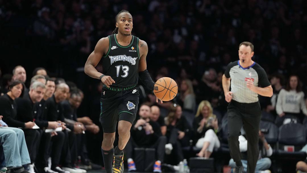 May 15, 2026; Minneapolis, Minnesota, USA; Minnesota Timberwolves guard Ayo Dosunmu (13) dribbles the ball against the San Antonio Spurs in the second during game six of the second round of the 2026 NBA Playoffs at Target Center. Mandatory Credit: Jesse Johnson-Imagn Images