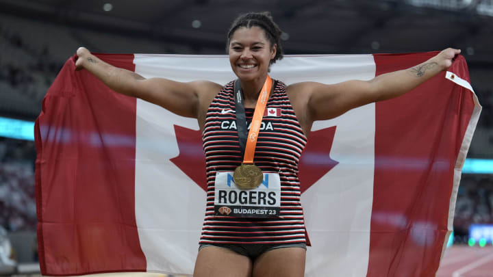 Camryn Rogers celebrates her 2023 World Championships victory