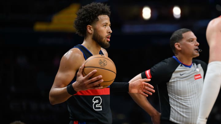 Mar 29, 2024; Washington, District of Columbia, USA; Detroit Pistons guard Cade Cunningham (2) looks on during the third quarter against the Washington Wizards at Capital One Arena. Mandatory Credit: Reggie Hildred-USA TODAY Sports