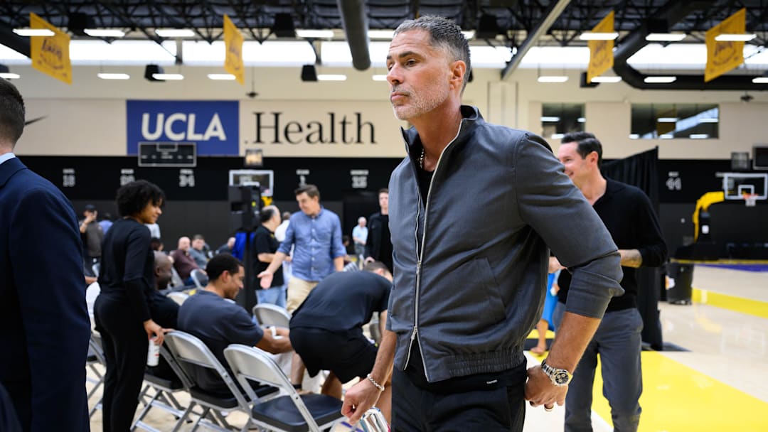 Sep 25, 2025; El Segundo, CA, USA; Los Angeles Lakers general manager Rob Pelinka leaves a press conference to preview the 2025-26 season at UCLA Health Training Center. Mandatory Credit: William Liang-Imagn Images