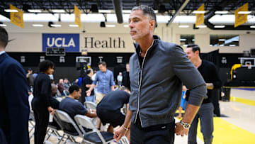 Sep 25, 2025; El Segundo, CA, USA; Los Angeles Lakers general manager Rob Pelinka leaves a press conference to preview the 2025-26 season at UCLA Health Training Center. Mandatory Credit: William Liang-Imagn Images