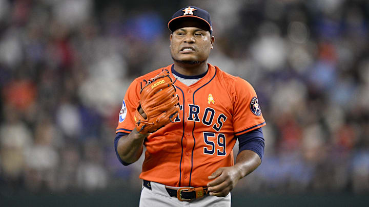 Sep 7, 2025; Arlington, Texas, USA; Houston Astros starting pitcher Framber Valdez (59) pitches against the Texas Rangers during the first inning at Globe Life Field. Mandatory Credit: Jerome Miron-Imagn Images