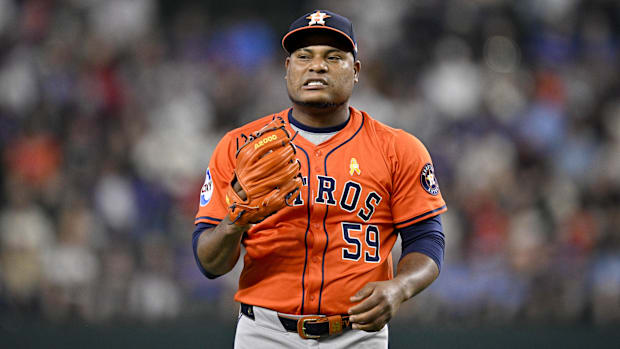 Houston Astros starting pitcher Framber Valdez (59) pitches against the Texas Rangers.
