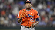 Sep 7, 2025; Arlington, Texas, USA; Houston Astros starting pitcher Framber Valdez (59) pitches against the Texas Rangers during the first inning at Globe Life Field