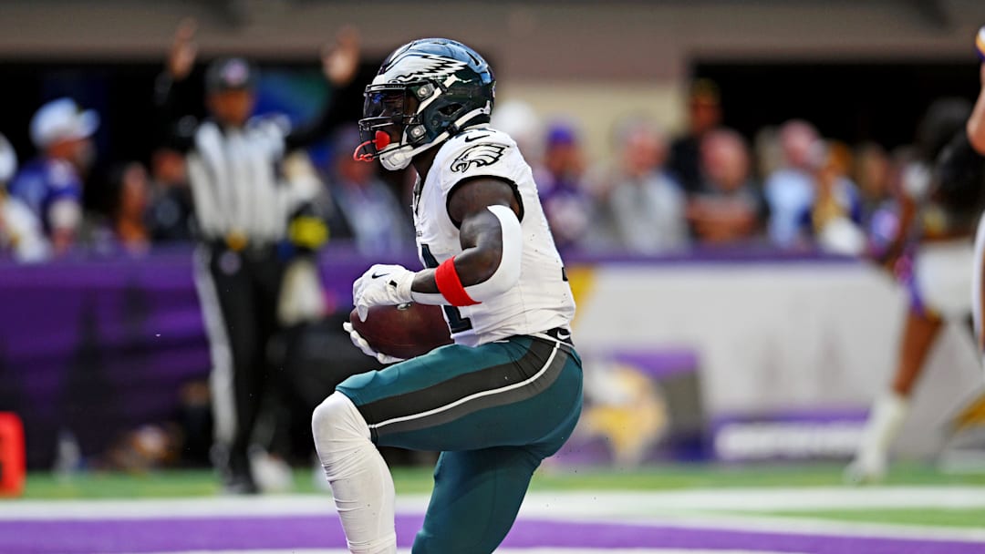 Oct 19, 2025; Minneapolis, Minnesota, USA; Philadelphia Eagles wide receiver A.J. Brown (11) celebrates a touchdown during the second half against the Minnesota Vikings at U.S. Bank Stadium. 