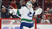 Feb 13, 2024; Chicago, Illinois, USA;  Vancouver Canucks goaltender Thatcher Demko (35) stretches before the start of a game against the Chicago Blackhawks at United Center. Mandatory Credit: Jamie Sabau-Imagn Images
