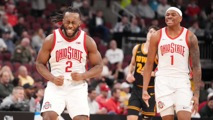 Mar 12, 2026; Chicago, IL, USA; Ohio State Buckeyes guard Bruce Thornton (2) reacts after making a three point basket against the Iowa Hawkeyes during the second half at United Center. Mandatory Credit: David Banks-Imagn Images