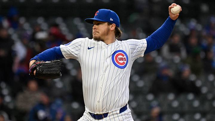 Apr 7, 2025; Chicago, Illinois, USA;  Chicago Cubs pitcher Justin Steele (35) delivers against the Texas Rangers during the first inning at Wrigley Field. Mandatory Credit: Matt Marton-Imagn Images