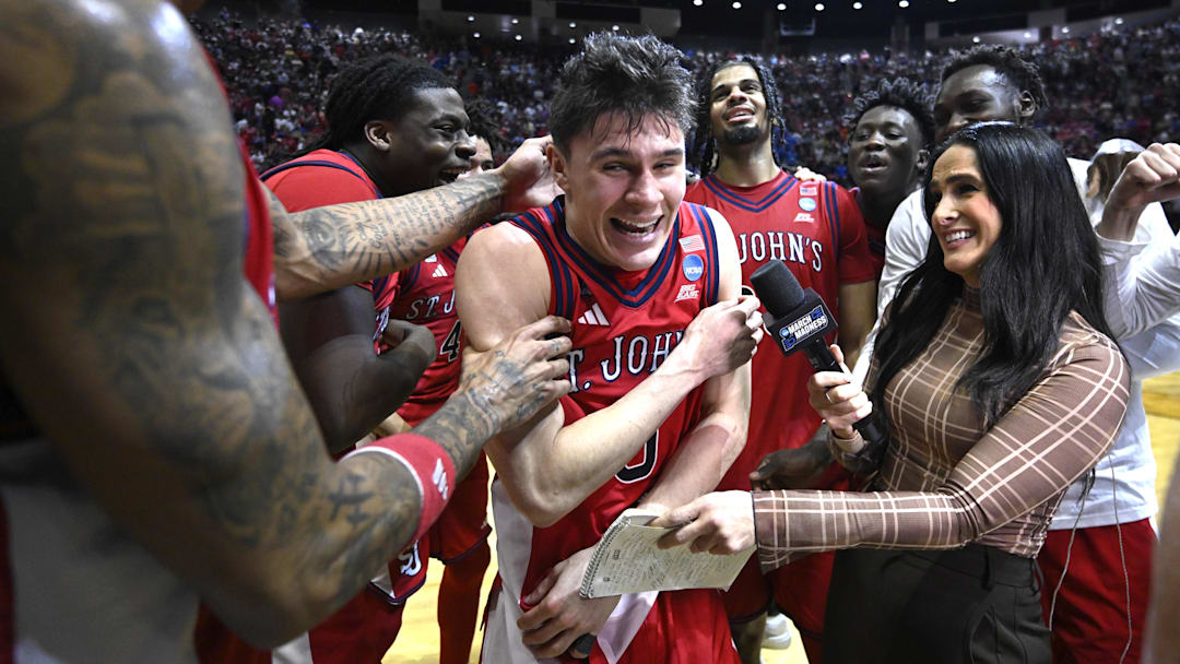 St. John’s guard Dylan Darling celebrates after hitting the game-winning shot to defeat Kansas in the second round of the NCAA men’s tournament.