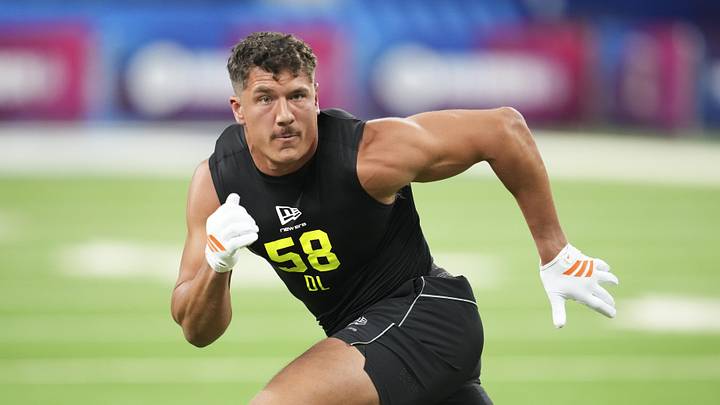 Feb 26, 2026; Indianapolis, IN, USA; Wisconsin defensive lineman Mason Reiger (DL58) during the NFL Scouting Combine  at Lucas Oil Stadium. Mandatory Credit: Kirby Lee-Imagn Images