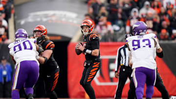 Cincinnati Bengals quarterback Jake Browning (6) drops back to throw in the fourth quarter of a Week 15 NFL football game between the Minnesota Vikings and the Cincinnati Bengals, Saturday, Dec. 16, 2023, at Paycor Stadium in Cincinnati. The Cincinnati Bengals won 27-24 in overtime.