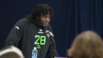 Mar 1, 2025; Indianapolis, IN, USA; University of Missouri offensive lineman Armand Membou (OL28) answers questions at a press conference during the 2025 NFL Combine at Indiana Convention Center. Mandatory Credit: Jacob Musselman-Imagn Images