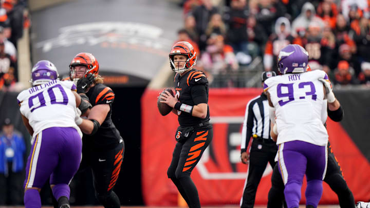 Cincinnati Bengals quarterback Jake Browning (6) drops back to throw in the fourth quarter of a Week 15 NFL football game between the Minnesota Vikings and the Cincinnati Bengals, Saturday, Dec. 16, 2023, at Paycor Stadium in Cincinnati. The Cincinnati Bengals won 27-24 in overtime.