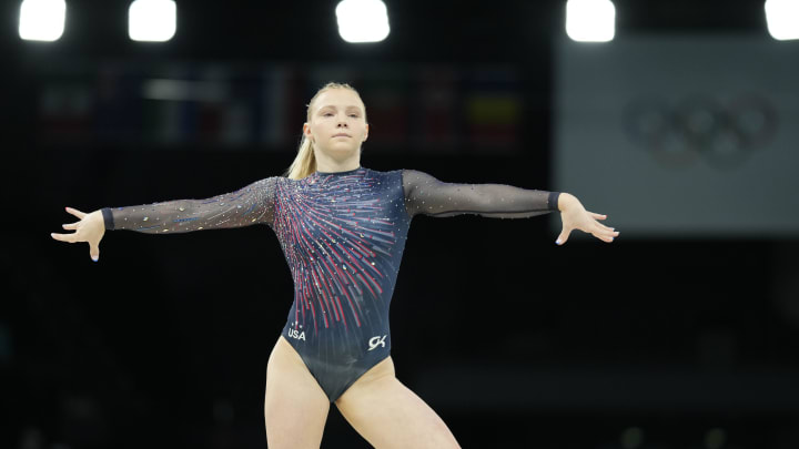 Jul 25, 2024; Paris, France; Jade Carey during a practice session before the Paris 2024 Olympic Summer Games at Bercy Arena. Mandatory Credit: Kyle Terada-USA TODAY Sports