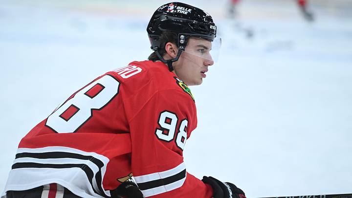 Oct 13, 2026; Chicago, Illinois, USA;  Chicago Blackhawks center Connor Bedard (98) during warmups before the game against the Pittsburgh Penguins b at United Center.  Mandatory Credit: Matt Marton-Imagn Images