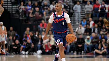 Oct 24, 2025; Inglewood, California, USA; Los Angeles Clippers guard Chris Paul (3) handles the ball in the second half against the Phoenix Suns at Intuit Dome. Mandatory Credit: Jayne Kamin-Oncea-Imagn Images