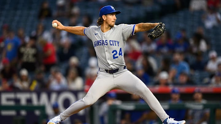Sep 25, 2025; Anaheim, California, USA; Kansas City Royals starting pitcher Michael Lorenzen (24) delivers during the first inning against the Los Angeles Angels at Angel Stadium. 