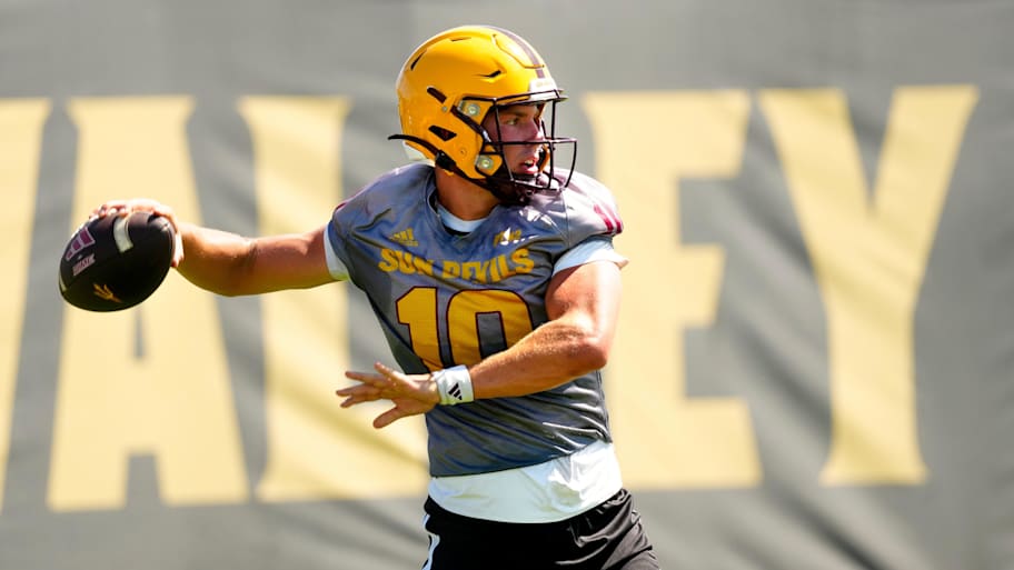 Arizona State quarterback Sam Leavitt (10) throws a pass during the first day of 2025 fall practice.