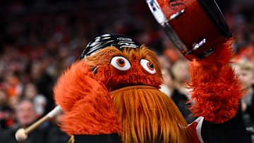 Feb 22, 2025; Philadelphia, Pennsylvania, USA; Philadelphia Flyers mascot Gritty entertains fans during the game against the Edmonton Oilers at Wells Fargo Center. Mandatory Credit: Kyle Ross-Imagn Images