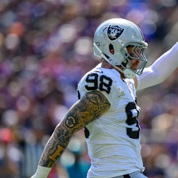 Sep 15, 2024; Baltimore, Maryland, USA; Las Vegas Raiders defensive end Maxx Crosby (98) celebrates after a sack during the first half against the Baltimore Ravens at M&T Bank Stadium. Mandatory Credit: Reggie Hildred-Imagn Images