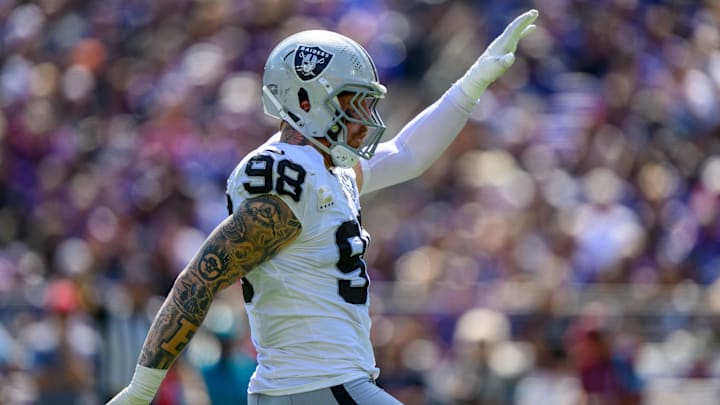 Sep 15, 2024; Baltimore, Maryland, USA; Las Vegas Raiders defensive end Maxx Crosby (98) celebrates after a sack during the first half against the Baltimore Ravens at M&T Bank Stadium. Mandatory Credit: Reggie Hildred-Imagn Images