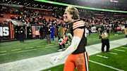 Nov 16, 2025; Cleveland, Ohio, USA; Cleveland Browns linebacker Carson Schwesinger (49) walks off the field following a game against the Baltimore Ravens at Huntington Bank Field. Mandatory Credit: Ken Blaze-Imagn Images