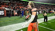 Nov 16, 2025; Cleveland, Ohio, USA; Cleveland Browns linebacker Carson Schwesinger (49) walks off the field following a game against the Baltimore Ravens at Huntington Bank Field. Mandatory Credit: Ken Blaze-Imagn Images