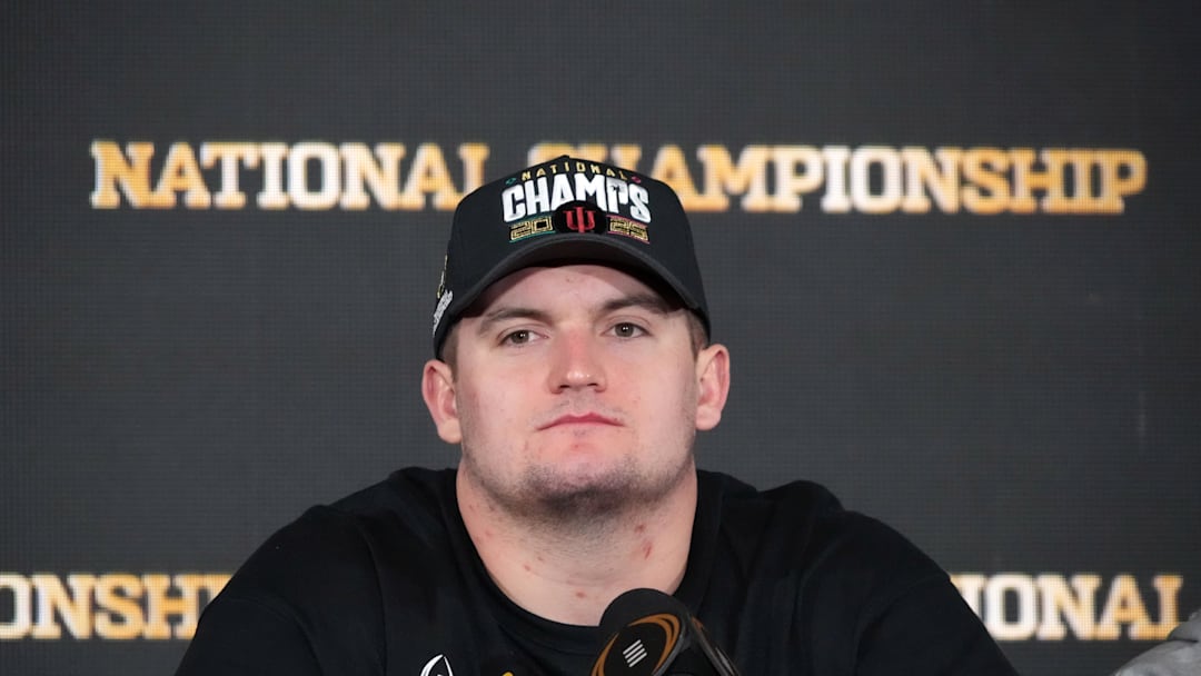 Jan 20, 2026; Miami, FL, USA; Indiana Hoosirs offensive lineman Pat Coogan during the CFP Champions press conference at Marriott Marquis Miami. Mandatory Credit: Kirby Lee-Imagn Images