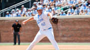 Jun 8, 2025; Chapel Hill, NC, USA; North Carolina pitcher Jake Knapp (42) pitches the ball during the seventh inning of the Super Regionals game against Arizona in Chapel Hill, North Carolina. 
