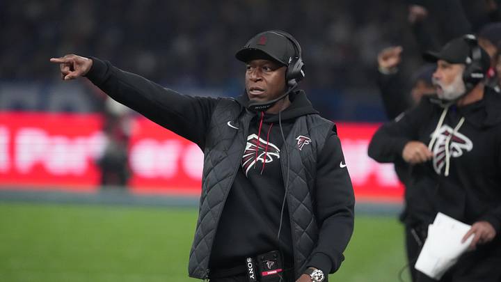 Nov 9, 2025; Berlin, Germany; Atlanta Falcons head coach Raheem Morris reacts against the Indianapolis Colts during the NFL Berlin Game at Olympic Stadium. Mandatory Credit: Kirby Lee-Imagn Images