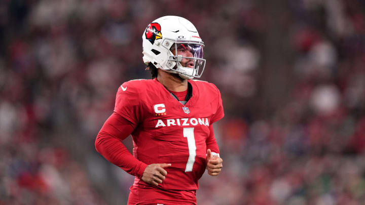 Jan 7, 2024; Glendale, Arizona, USA; Arizona Cardinals quarterback Kyler Murray (1) looks on against the Seattle Seahawks during the second half at State Farm Stadium. Mandatory Credit: Joe Camporeale-USA TODAY Sports