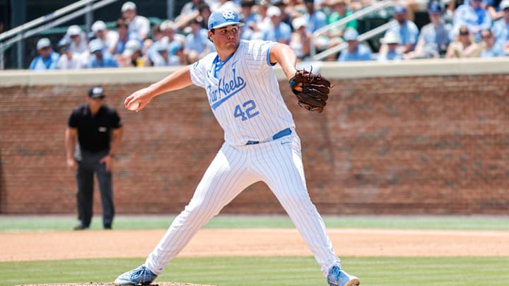 Jun 8, 2025; Chapel Hill, NC, USA; North Carolina pitcher Jake Knapp (42) pitches the ball during the seventh inning of the Super Regionals game against Arizona in Chapel Hill, North Carolina. Mandatory Credit: Jaylynn Nash-Imagn Images