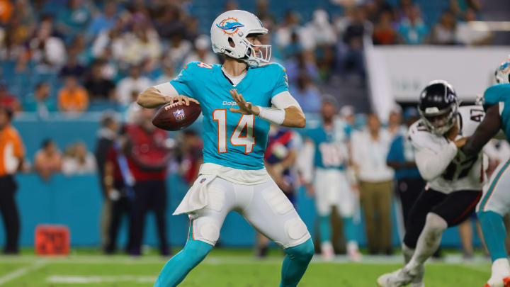 Miami Dolphins quarterback Mike White (14) throws the football against the Atlanta Falcons during the third quarter at Hard Rock Stadium in the preseason opener.