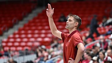 Oct 25, 2025; Pullman, WA, USA; Washington State Cougars head coach David Riley sends in a play against the New Mexico Lobos in the first half at Friel Court at Beasley Coliseum. Mandatory Credit: James Snook-Imagn Images