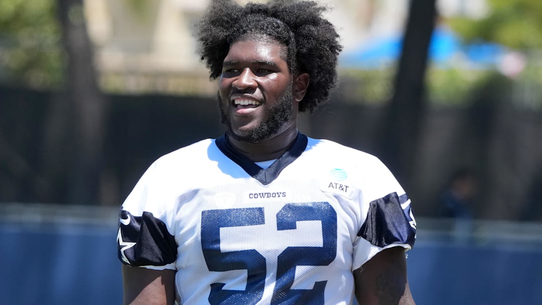 Dallas Cowboys guard Tyler Booker at training camp at the River Ridge Fields.