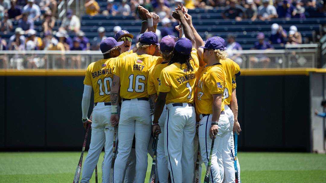 LSU stands on the field before a game in the 2025 College World Series LSU stands on the field before a game in the 2025 College World Series