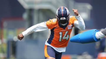 Jun 13, 2022; Englewood, CO, USA; Denver Broncos wide receiver Courtland Sutton (14) during mini camp drills at the UCHealth Training Center. s