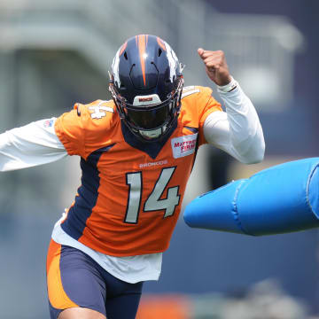 Jun 13, 2022; Englewood, CO, USA; Denver Broncos wide receiver Courtland Sutton (14) during mini camp drills at the UCHealth Training Center. s