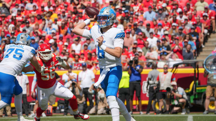 Aug 17, 2024; Kansas City, Missouri, USA; Detroit Lions quarterback Nate Sudfeld (8) throws a pass against the Kansas City Chiefs during the game at GEHA Field at Arrowhead Stadium. Mandatory Credit: Denny Medley-USA TODAY Sports