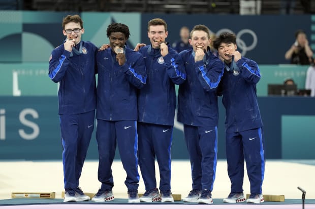 Stephen Nedoroscik, Frederick Richard, Brody Malone, Paul Juda, and Asher Hong - Team USA, USA gymnastics, Paris Olympics 