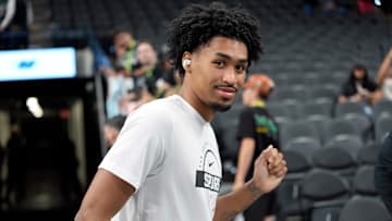Oct 10, 2025; San Antonio, Texas, USA; San Antonio Spurs guard Dylan Harper (2) before warming up before a game against the Utah Jazz at Frost Bank Center. Mandatory Credit: Scott Wachter-Imagn Images