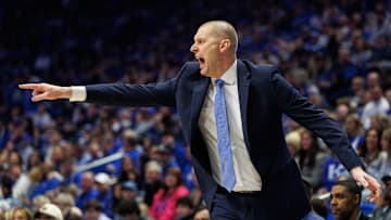 Feb 19, 2025; Lexington, Kentucky, USA; Kentucky Wildcats head coach Mark Pope reacts during the first half against the Vanderbilt Commodores at Rupp Arena at Central Bank Center. Mandatory Credit: Jordan Prather-Imagn Images