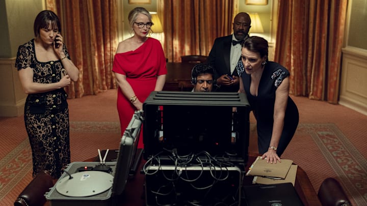 (L to R) Jehnny Beth as Pelletier, Julie Delpy as Vivienne, Lucian Msamati as Kofi, and Suranne Jones as Abigail in Episode 1 of Hostage