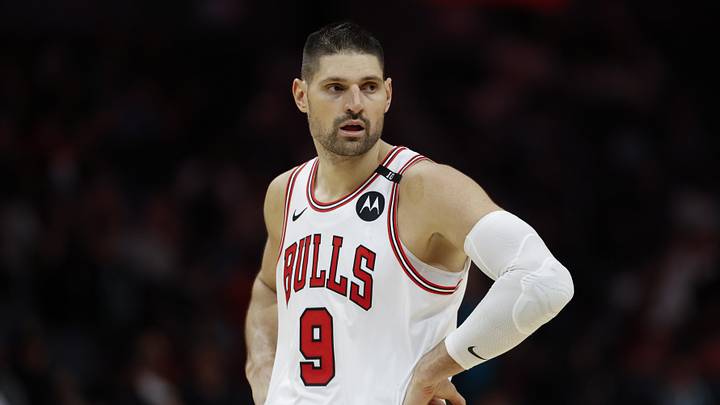 Apr 6, 2025; Charlotte, North Carolina, USA; Chicago Bulls center Nikola Vucevic (9) stands on the court during the second half against the Charlotte Hornets at Spectrum Center. Mandatory Credit: Nell Redmond-Imagn Images