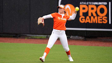 Talons outfielder Victoria Hayward returns the ball to the infield after a base hit as a member of Team Kilfoyl during an Athletes Unlimited Pro (now known as the All-Star Cup) game at Max R. Joyner Family Stadium on Aug. 7, 2024 in Greenville, N.C.