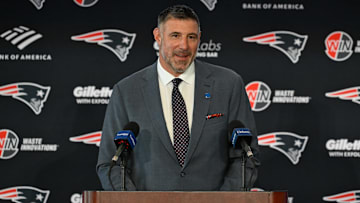 Jan 13, 2025; Foxborough, MA, USA; Mike Vrabel addresses media at a press conference at Gillette Stadium to announce his hiring as the New England Patriots head coach.